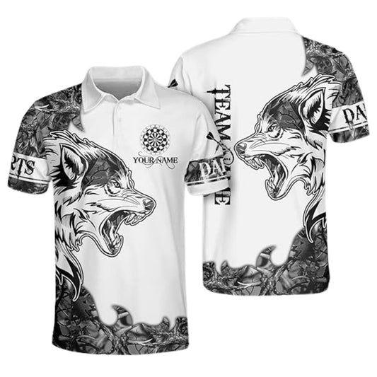 Black and White Wolf Mens Personalized Darts Button Polo