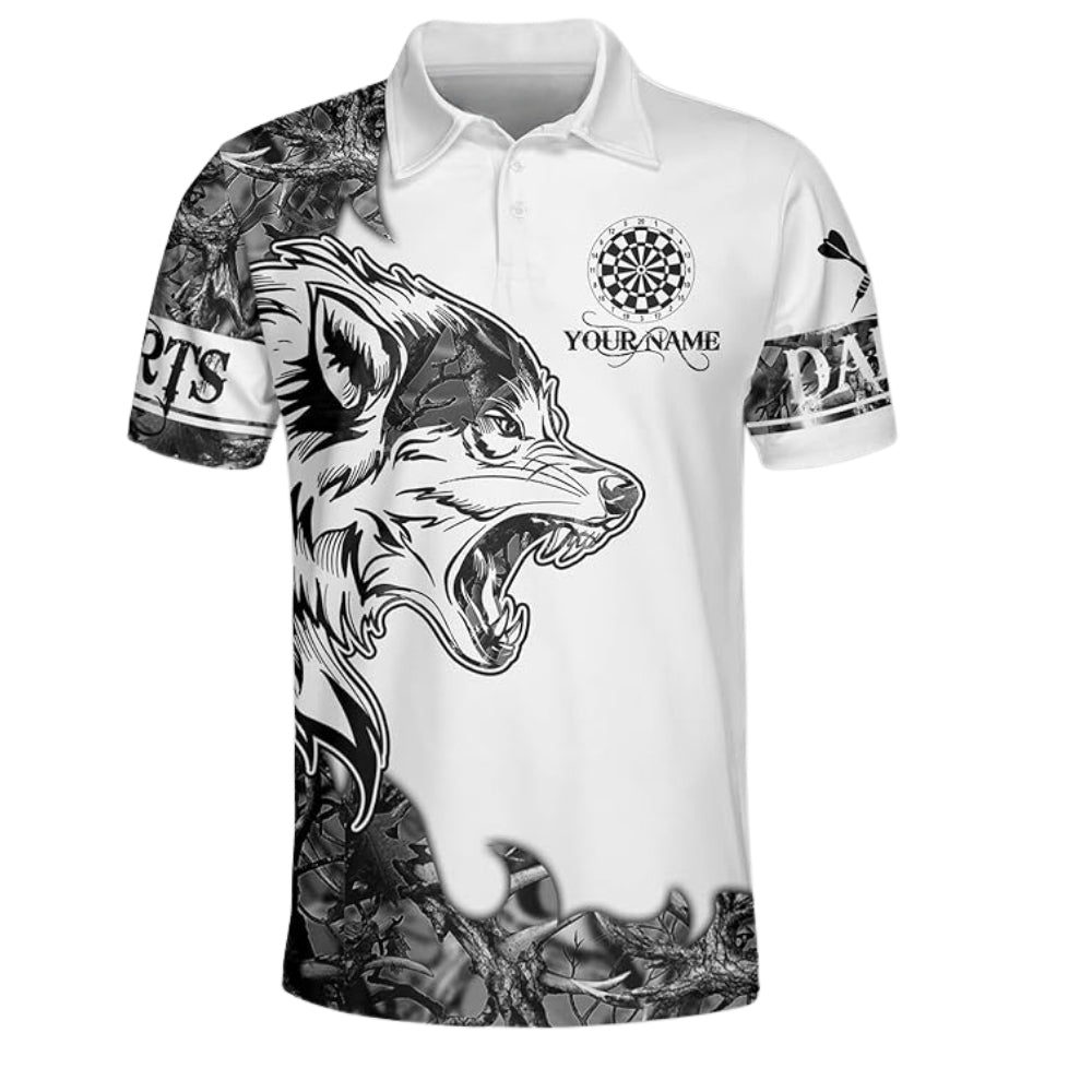Black and White Wolf Mens Personalized Darts Button Polo
