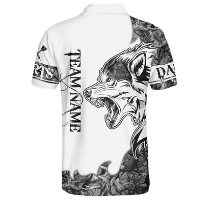 Black and White Wolf Mens Personalized Darts Button Polo