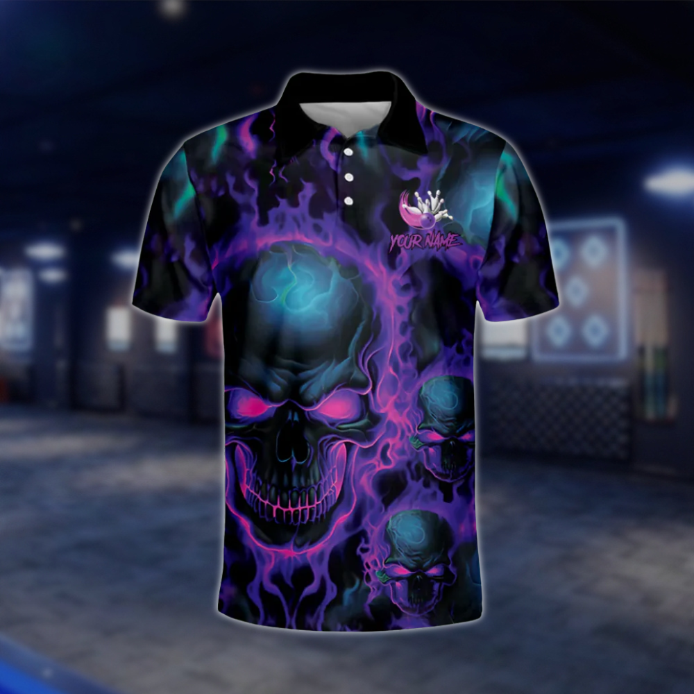 Purple Flame Skull Custom Team Mens Bowling Polo Shirts, Custom Skull Bowling Shirt BM0315