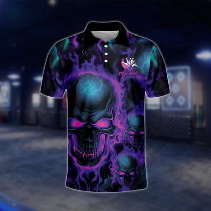 Purple Flame Skull Custom Team Mens Bowling Polo Shirts, Custom Skull Bowling Shirt BM0315