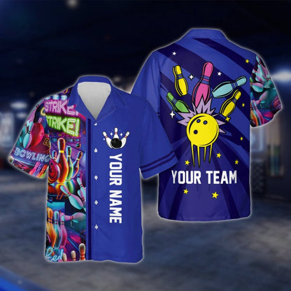 Custom Retro Neon Blue Bowling Hawaiian Shirt Men Women, Custom Retro Bowling Team Shirts BE0016