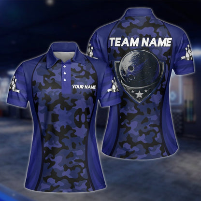 Women's Custom Green Camo Bowling Polo Shirts, Custom Camouflage Bowling Team Shirts For Ladies BZ0193