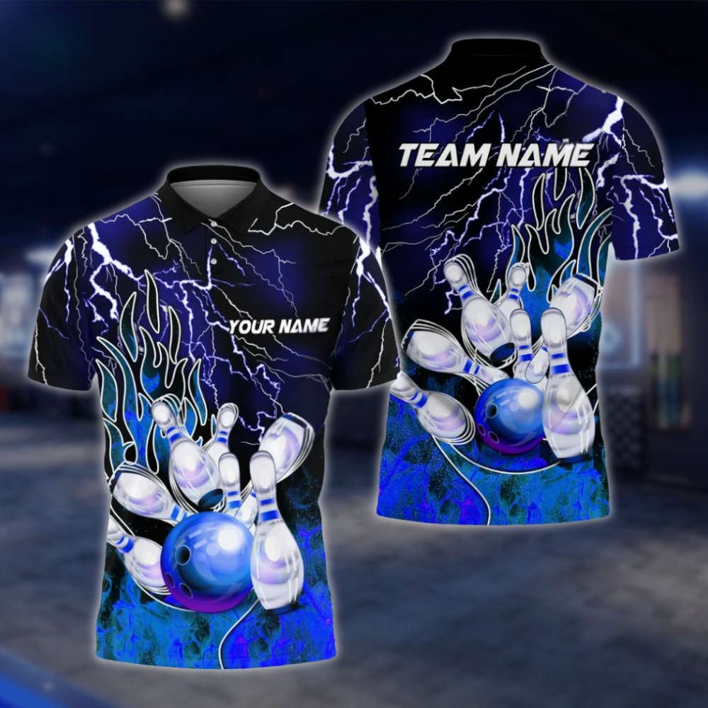 Personalized Flame Purple Bowling Polo Shirt For Men, Custom Flame Bowling Shirts Team BZ0759