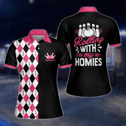 Rolling With My Homies Custom Womens Argyle Pink Black Bowling Polo Shirt, Custom Funny Women Bowling Shirt With Name BW0089