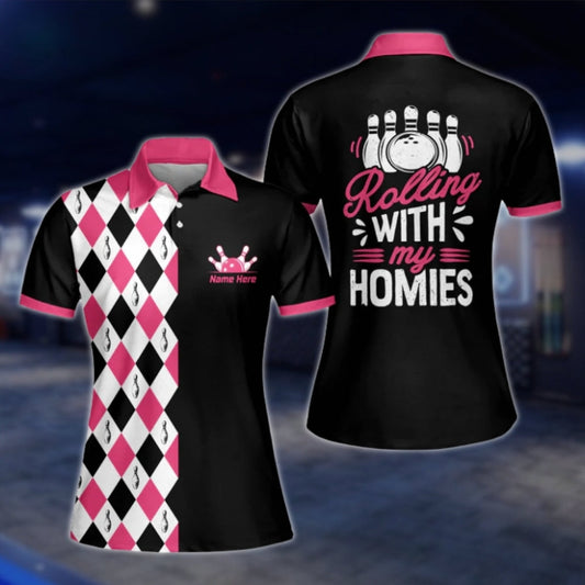 Rolling With My Homies Custom Womens Argyle Pink Black Bowling Polo Shirt, Custom Funny Women Bowling Shirt With Name BW0089