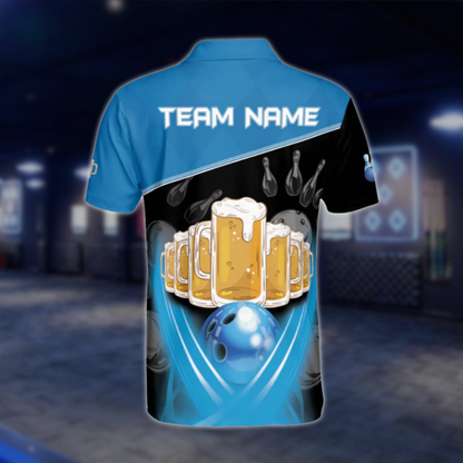 Custom Beer Polo Bowling Team Shirts For Men, Custom Blue Black Beer Bowling Shirt BE0034