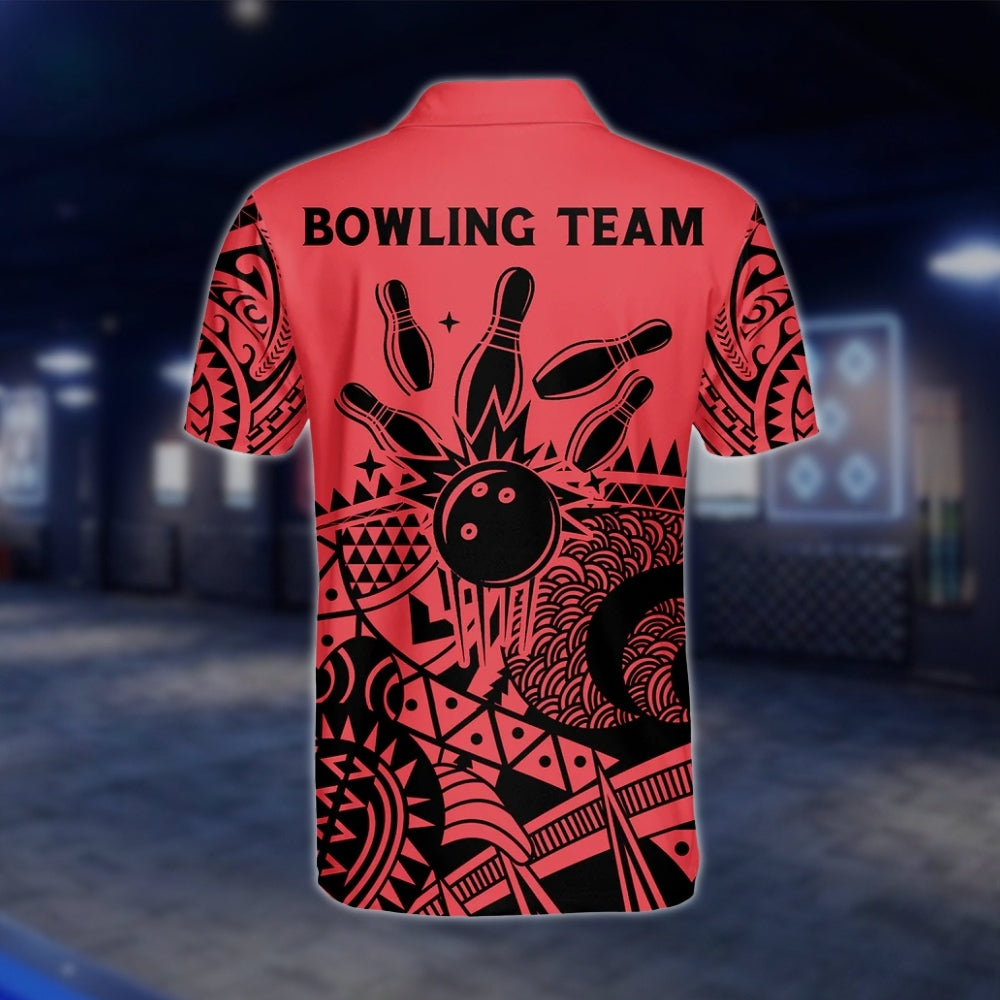 Men's Custom Black And Red Tribal Bowling Polo Shirt, Custom Tribal Bowling Team Shirts BZ0203