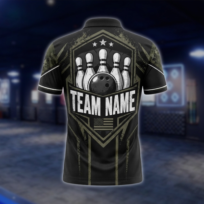 Personalized Camo Green Black Bowling Polo Shirt Mens, Custom Camo Bowling Team Shirts BZ0941