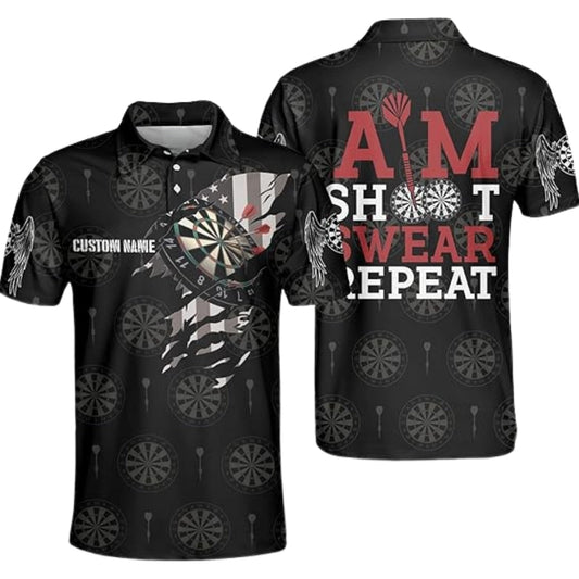 Aim Shoot Swear Repeat Mens Personalized Darts Button Polo
