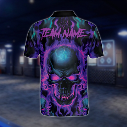 Purple Flame Skull Custom Team Mens Bowling Polo Shirts, Custom Skull Bowling Shirt BM0315