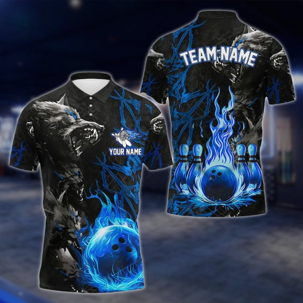 Custom Wolf Flame Ball Bowling Mens Polo Shirt, Custom Wolf Bowling Team Shirts BE0105