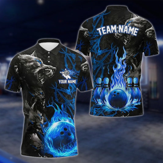 Custom Wolf Flame Ball Bowling Mens Polo Shirt, Custom Wolf Bowling Team Shirts BE0105