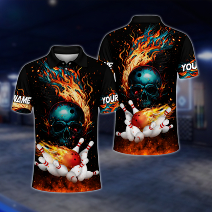 Custom Flame Skull Bowling Polo Shirts Men, Custom Skull Bowling Shirt BZ0465