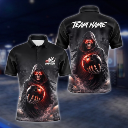 Personalized Skull Black Men's Bowling Polo Shirt, Custom Skull Bowling Shirt For Team BZ0942