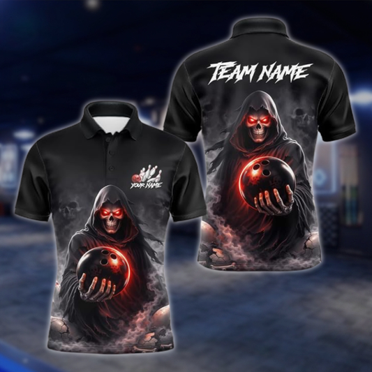 Personalized Skull Black Men's Bowling Polo Shirt, Custom Skull Bowling Shirt For Team BZ0942