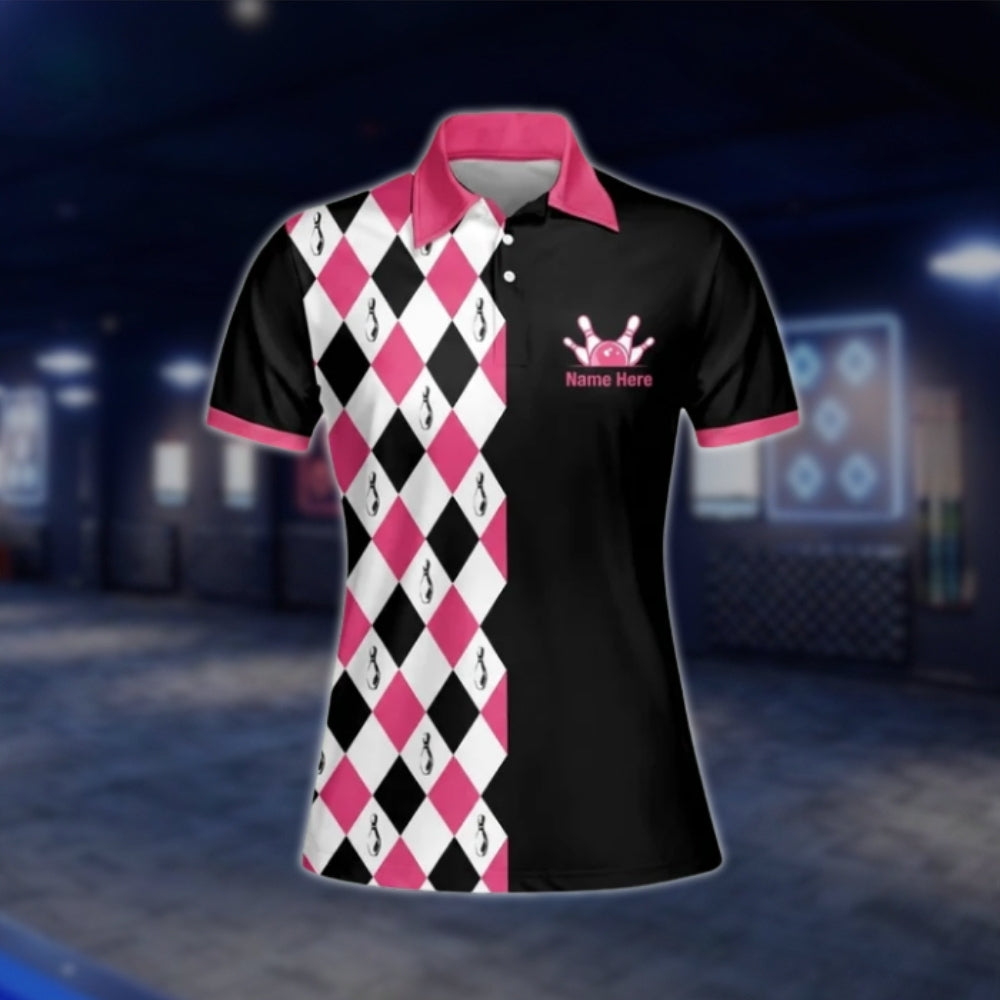 Rolling With My Homies Custom Womens Argyle Pink Black Bowling Polo Shirt, Custom Funny Women Bowling Shirt With Name BW0089