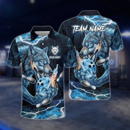Personalized Wolf Blue Bowling Mens Polo Shirt, Custom Wolf Team Bowling Shirt BZ0773