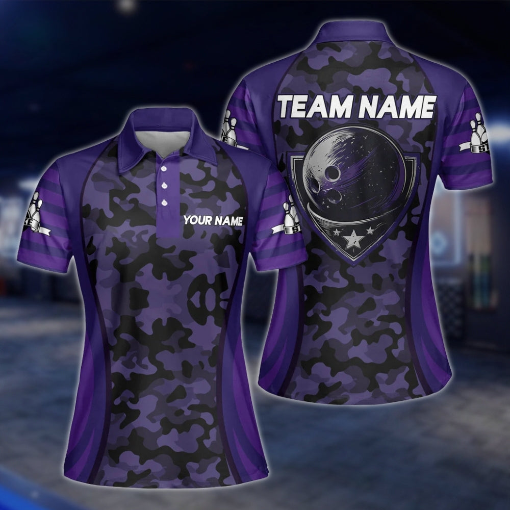 Women's Custom Green Camo Bowling Polo Shirts, Custom Camouflage Bowling Team Shirts For Ladies BZ0193