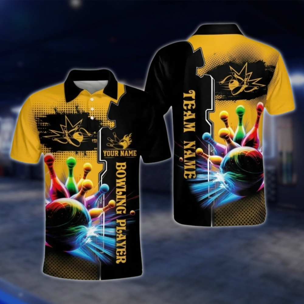 Custom Team Multicolor Pins And Ball Bowling Mens Polo Shirt, Black And Yellow Custom Bowling Shirts BO0377