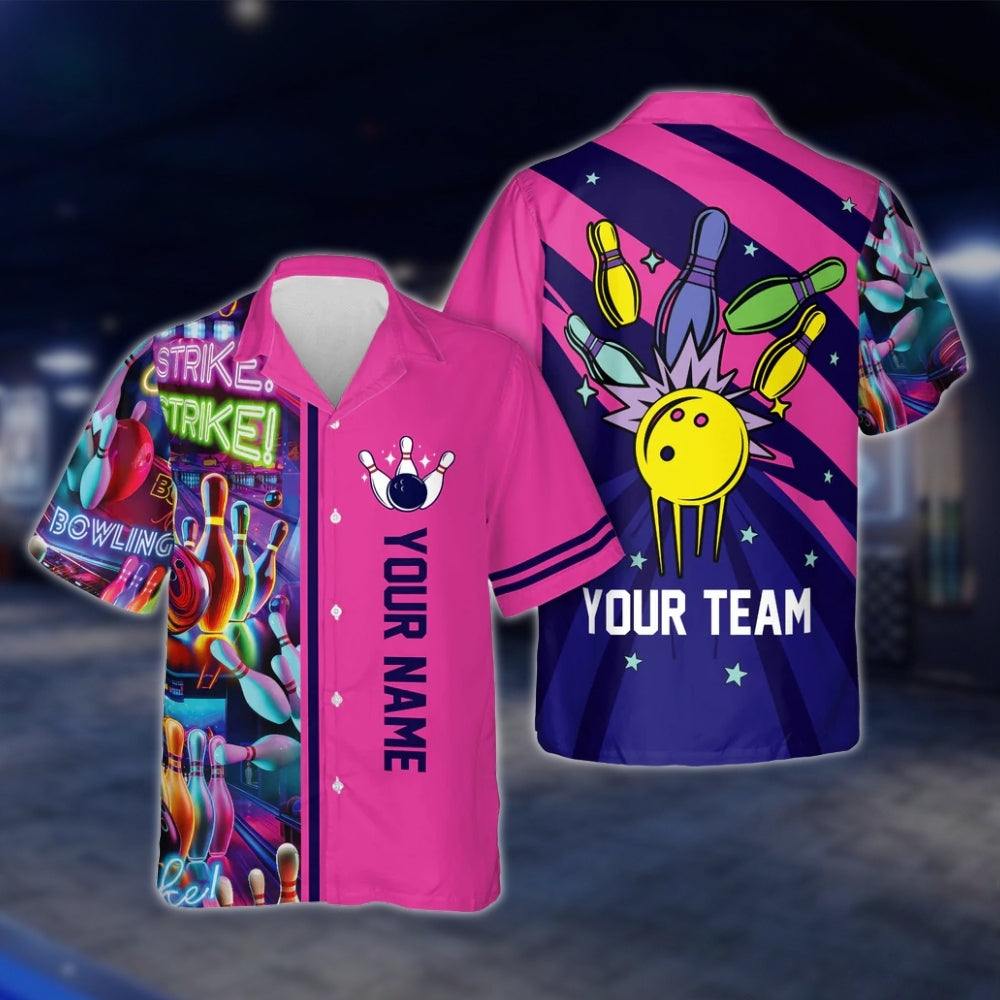 Custom Retro Neon Blue Bowling Hawaiian Shirt Men Women, Custom Retro Bowling Team Shirts BE0016