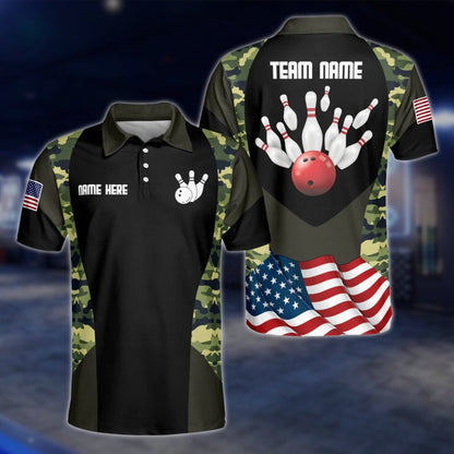 Camo USA Flag Custom Mens Bowling Polo Shirt, Custom Camouflage Bowling Team Shirts BZ0195