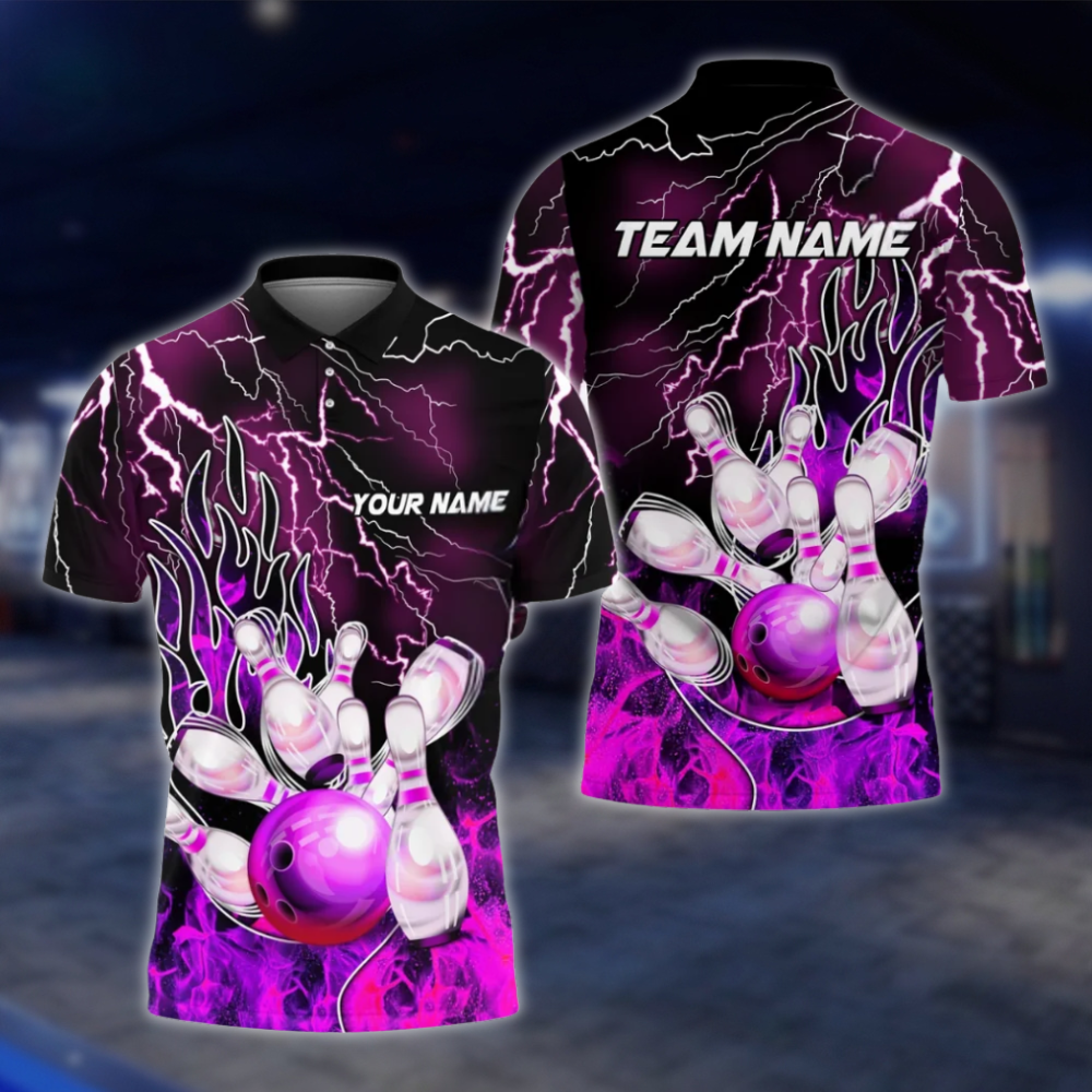 Personalized Flame Purple Bowling Polo Shirt For Men, Custom Flame Bowling Shirts Team BZ0759