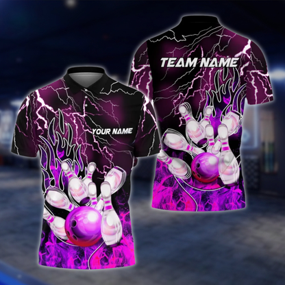 Personalized Flame Purple Bowling Polo Shirt For Men, Custom Flame Bowling Shirts Team BZ0759