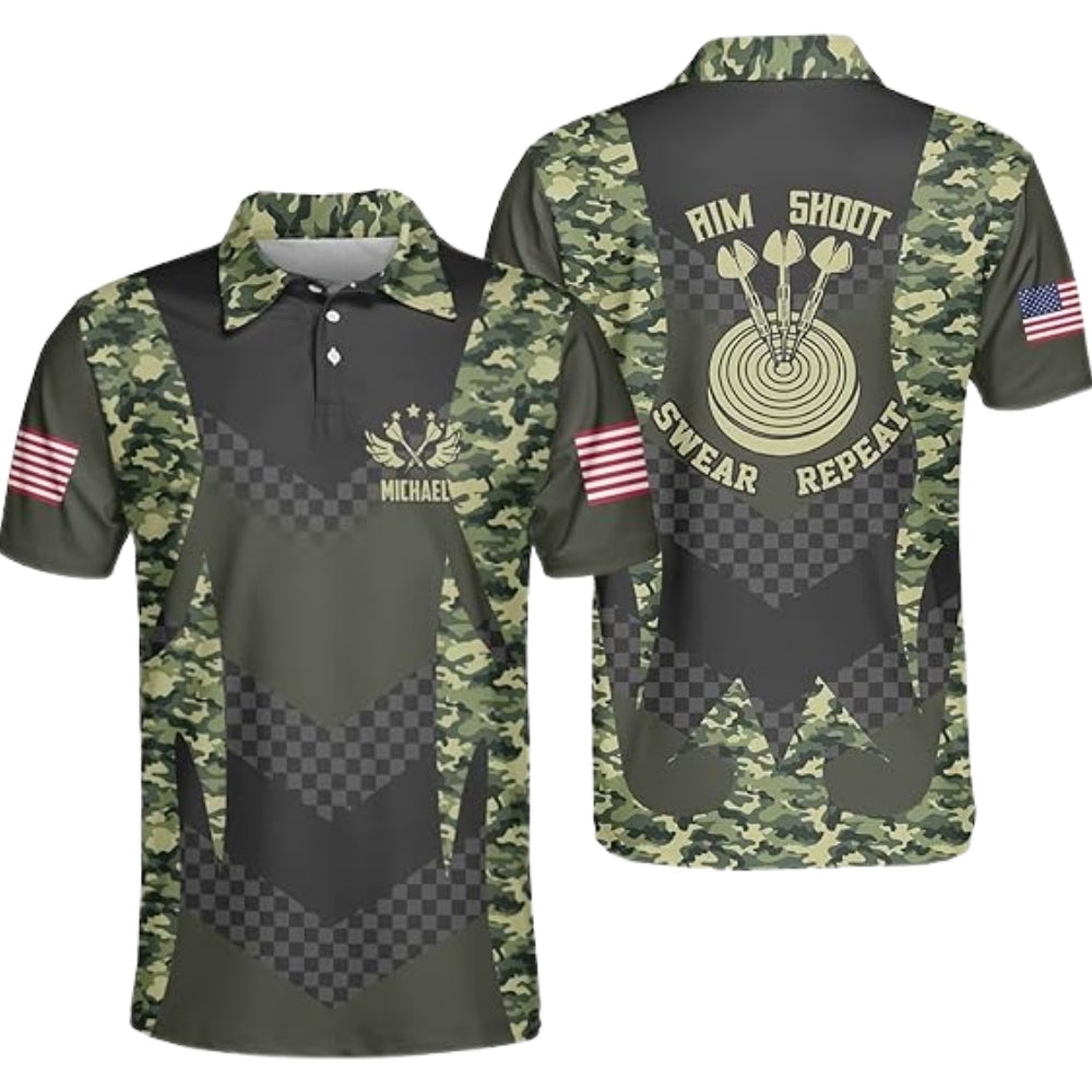 Aim Shoot Swear Repeat Camouflage Men's Personalized Darts Button Polo