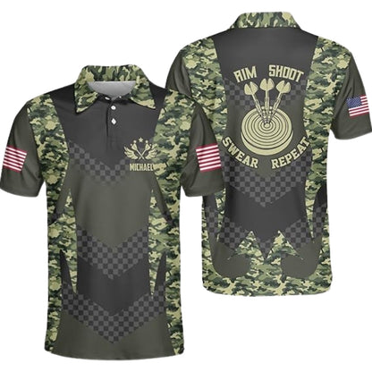 Aim Shoot Swear Repeat Camouflage Men's Personalized Darts Button Polo