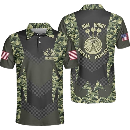 Aim Shoot Swear Repeat Camouflage Men's Personalized Darts Button Polo