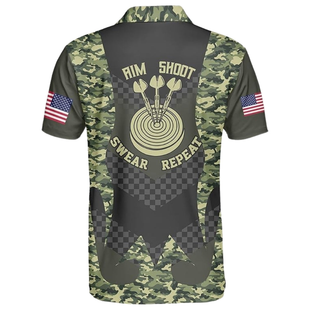 Aim Shoot Swear Repeat Camouflage Men's Personalized Darts Button Polo
