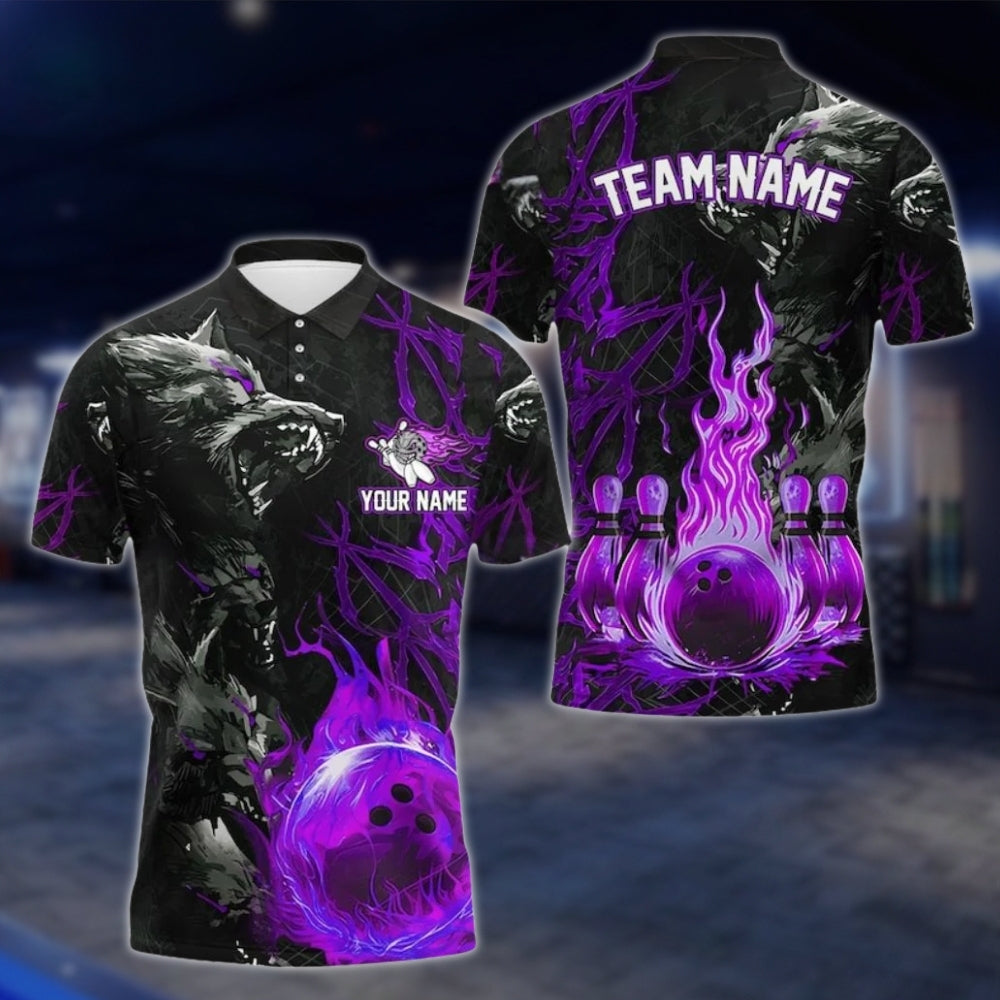 Custom Wolf Flame Ball Bowling Mens Polo Shirt, Custom Wolf Bowling Team Shirts BE0105