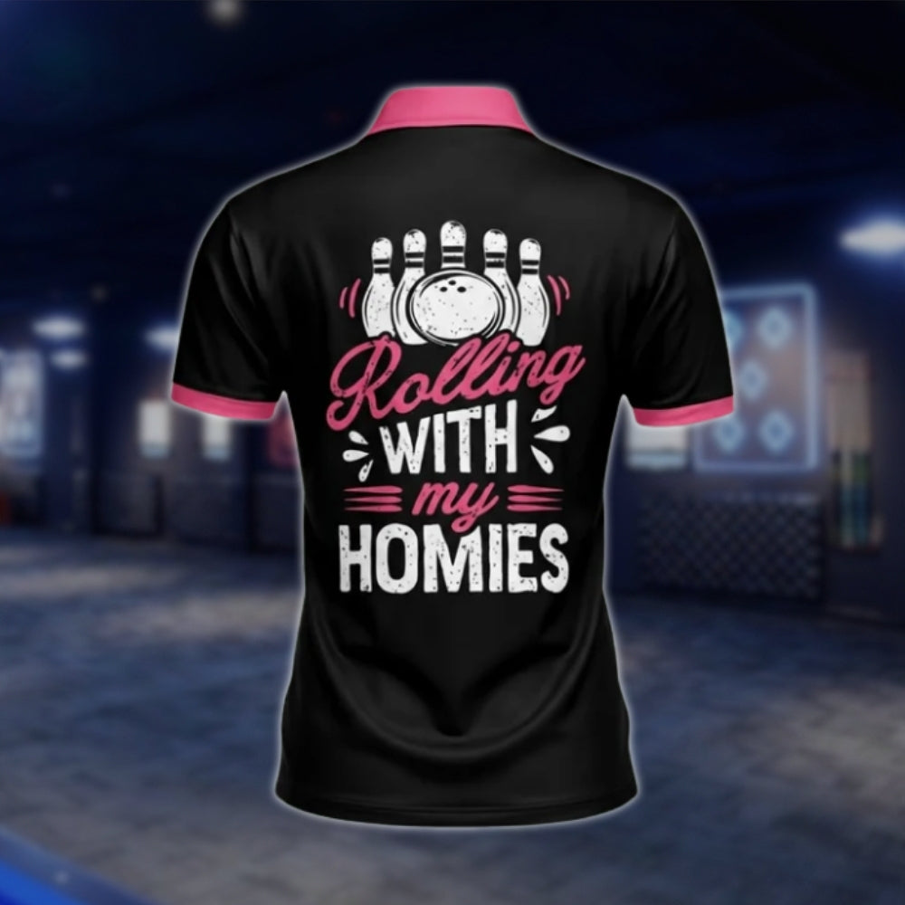 Rolling With My Homies Custom Womens Argyle Pink Black Bowling Polo Shirt, Custom Funny Women Bowling Shirt With Name BW0089