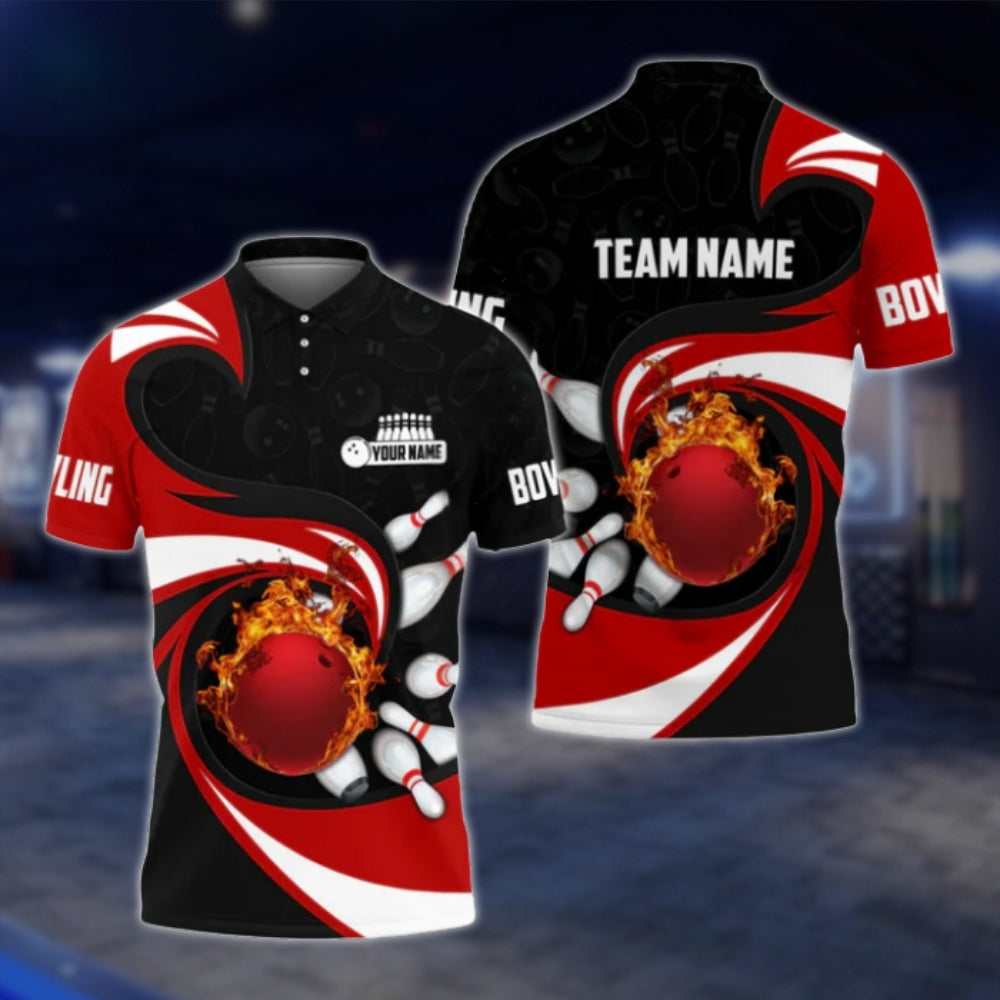 Custom Team Fire Ball Mens Bowling Polo Shirt, Red Black Custom Bowling Team Shirts BO0022