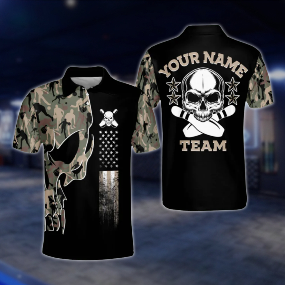 Personalized Camouflage Skull Polo Bowling Team Shirts For Men, Custom Skull Bowling Shirt BM0119
