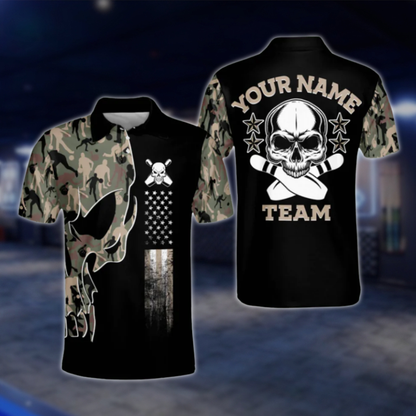 Personalized Camouflage Skull Polo Bowling Team Shirts For Men, Custom Skull Bowling Shirt BM0119