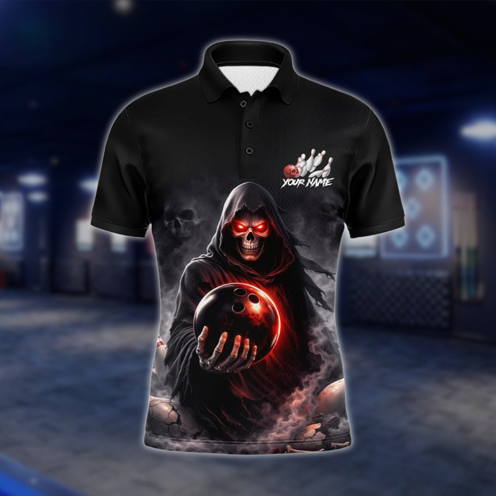Personalized Skull Black Men's Bowling Polo Shirt, Custom Skull Bowling Shirt For Team BZ0942