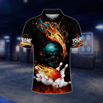 Custom Flame Skull Bowling Polo Shirts Men, Custom Skull Bowling Shirt BZ0465