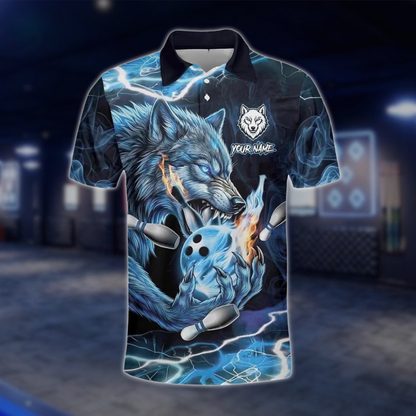 Personalized Wolf Blue Bowling Mens Polo Shirt, Custom Wolf Team Bowling Shirt BZ0773
