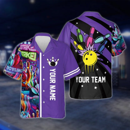 Custom Retro Neon Blue Bowling Hawaiian Shirt Men Women, Custom Retro Bowling Team Shirts BE0016