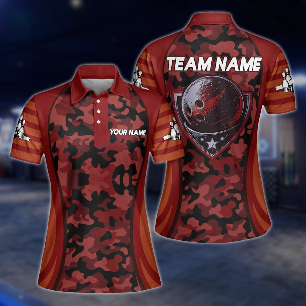 Women's Custom Green Camo Bowling Polo Shirts, Custom Camouflage Bowling Team Shirts For Ladies BZ0193