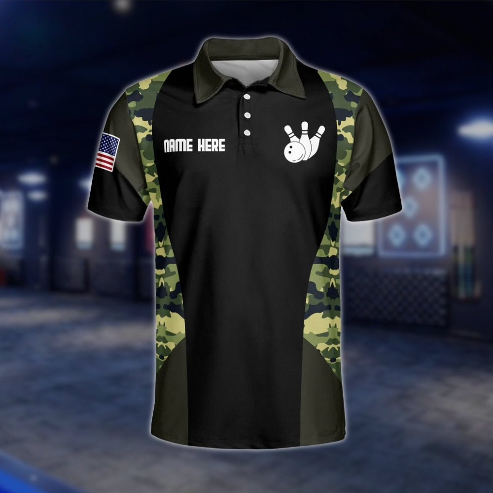 Camo USA Flag Custom Mens Bowling Polo Shirt, Custom Camouflage Bowling Team Shirts BZ0195