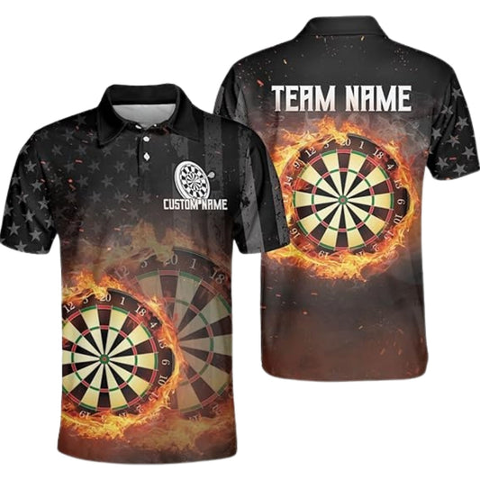 Flaming Dartboard Mens Personalized Darts Button Polo