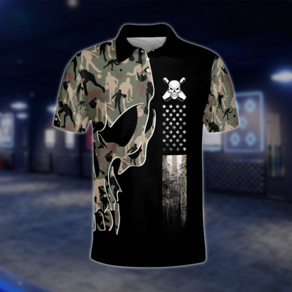 Personalized Camouflage Skull Polo Bowling Team Shirts For Men, Custom Skull Bowling Shirt BM0119