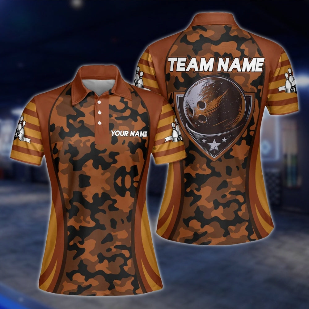Women's Custom Green Camo Bowling Polo Shirts, Custom Camouflage Bowling Team Shirts For Ladies BZ0193