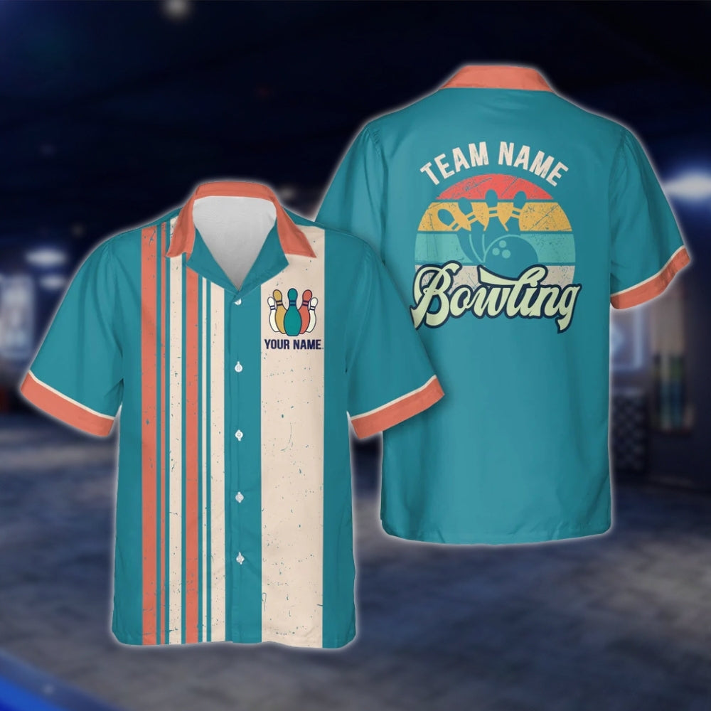 Custom Cyan Retro Bowling Hawaiian Shirt For Men Women, Custom Retro Bowling Team Shirts BZ0021
