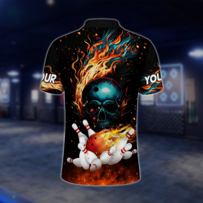 Custom Flame Skull Bowling Polo Shirts Men, Custom Skull Bowling Shirt BZ0465
