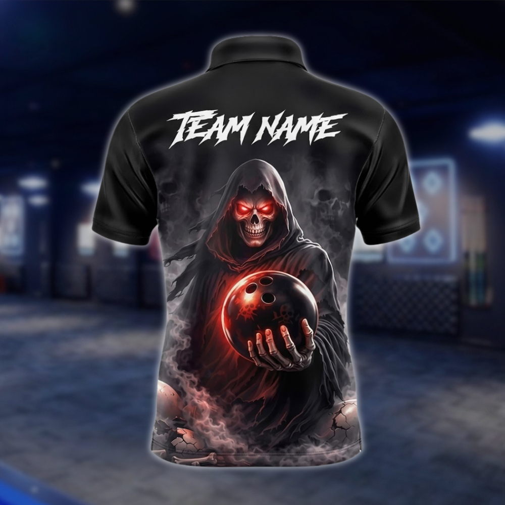 Personalized Skull Black Men's Bowling Polo Shirt, Custom Skull Bowling Shirt For Team BZ0942