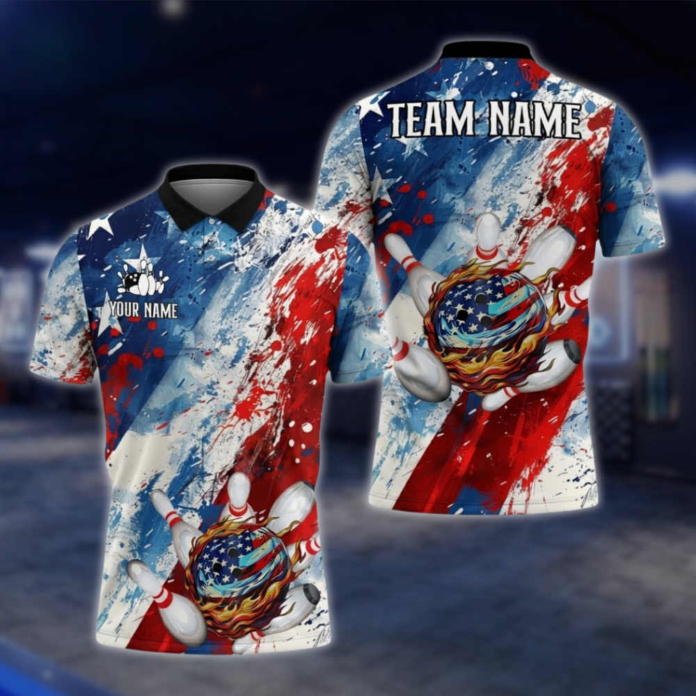 Personalized American Flag Bowling Mens Polo Shirt Watercolor, Custom Bowling Patriotic Team Shirts BZ0741